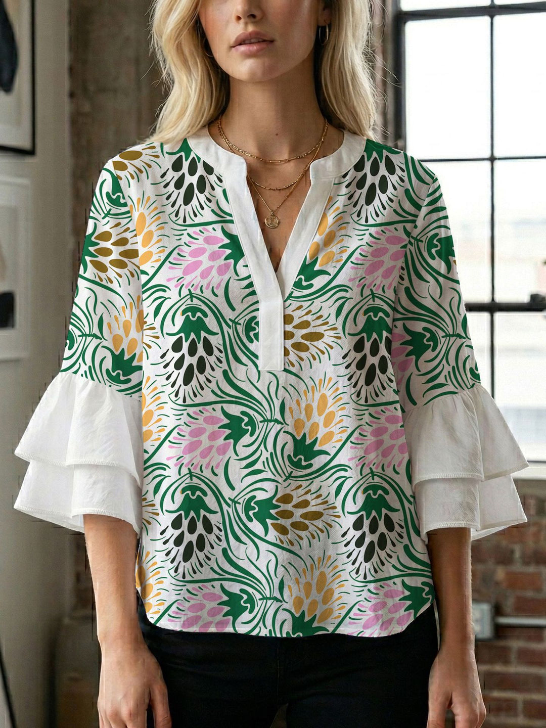 Women's blouse shirt with voluminous sleeves and creative print design Lune London