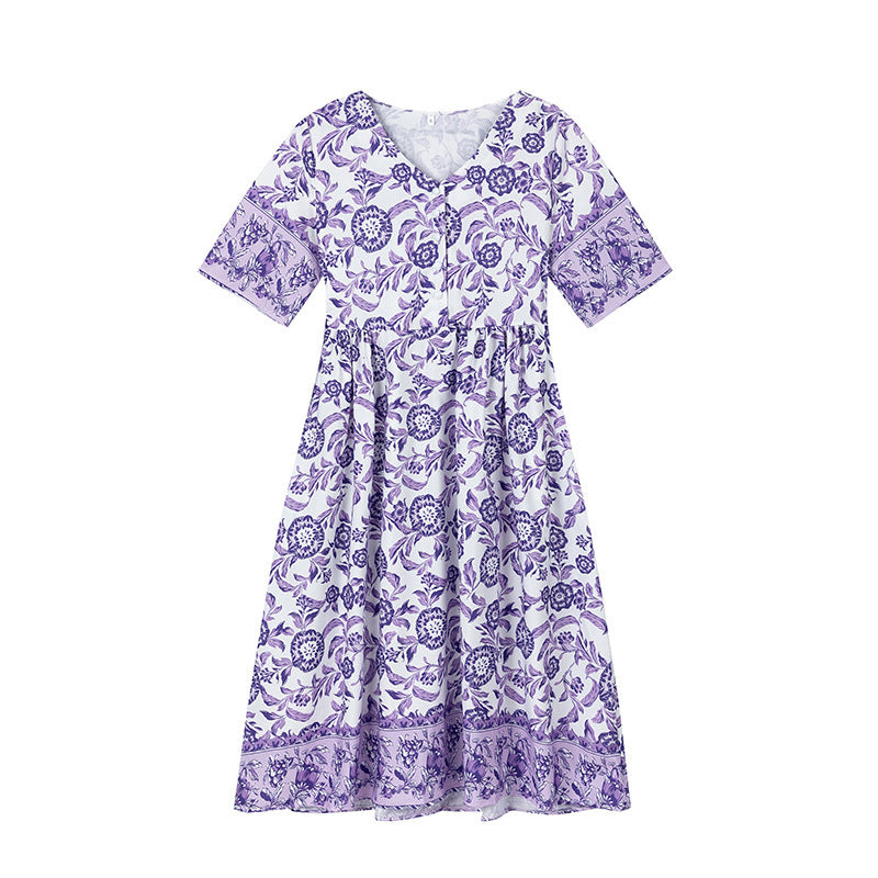 Flared dress with floral patterns for women with pleated waist Lune London