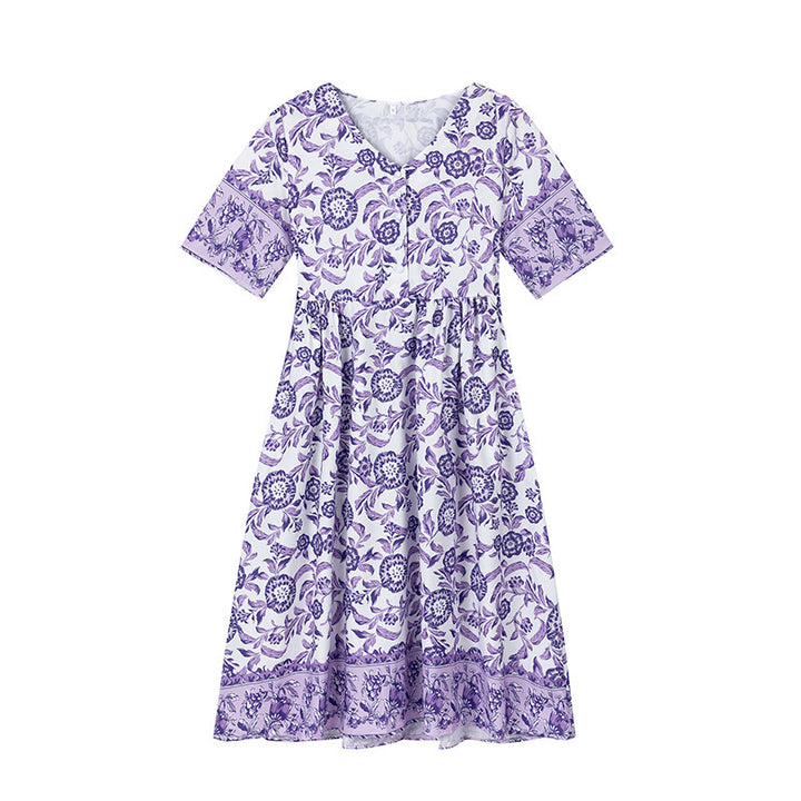 Flared dress with floral patterns for women with pleated waist Lune London