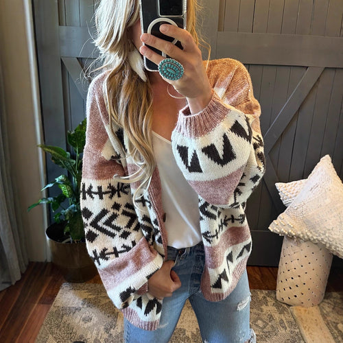 Comfortable knitted jacket for women with decorative ethnic pattern and open cut Lune London