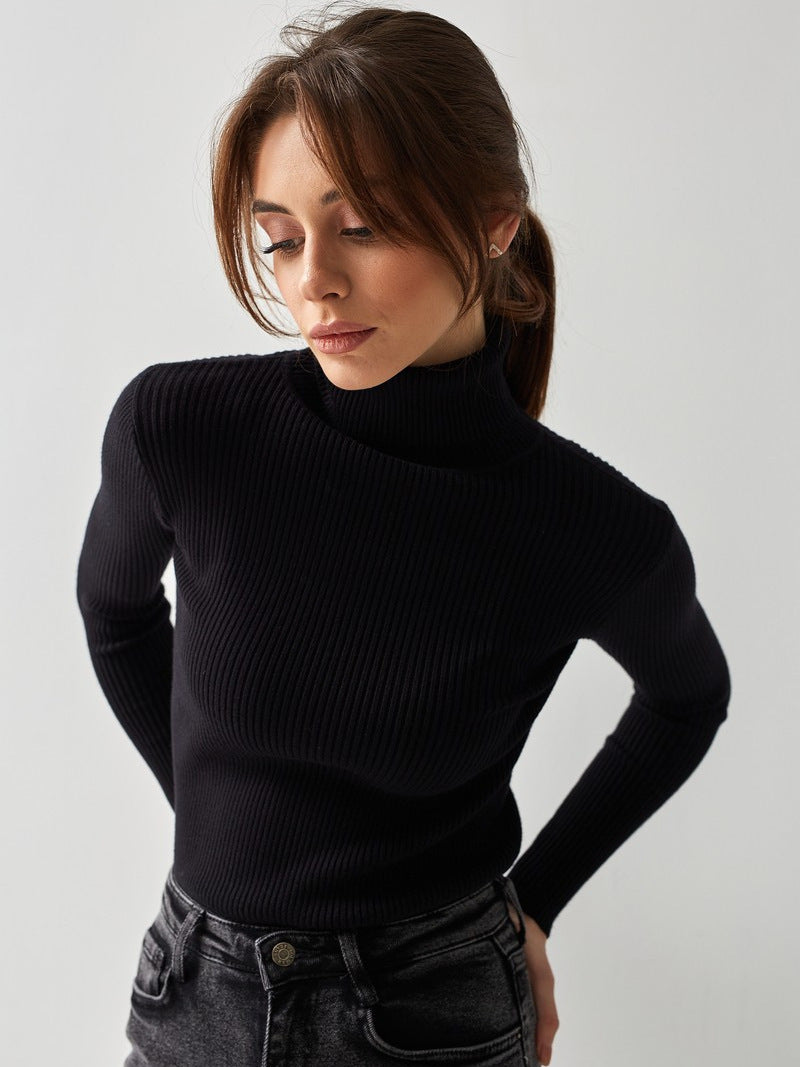 Pull long femme avec col haut et texture en fine côtes Chic & Stil