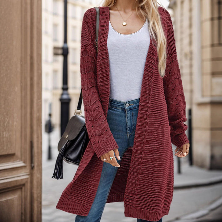 Ladies Long Knit Cardigan with an airy mesh structure and an open front Lune London