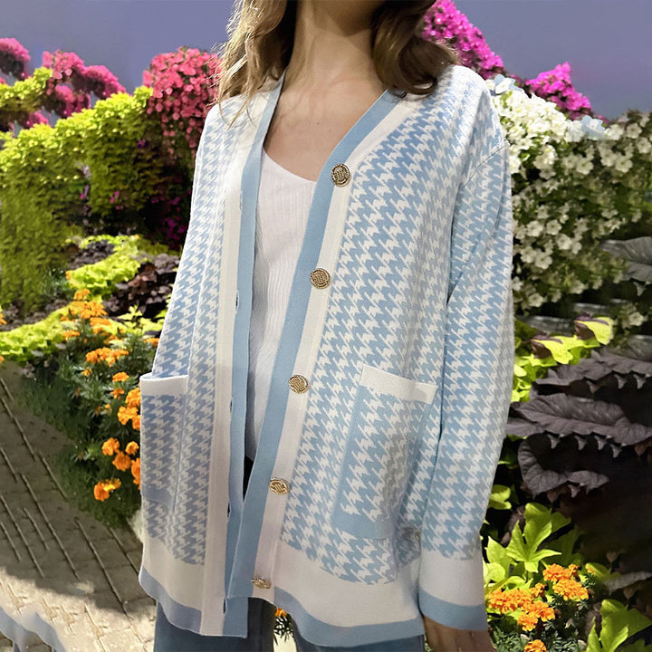 Women's knitted cardigan with a classic houndstooth pattern and button placket Lune London