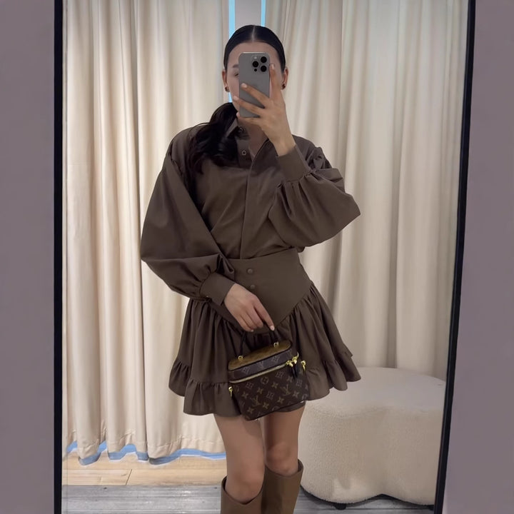 Women's set consisting of an elegant puff sleeve blouse and a flared skirt Lune London