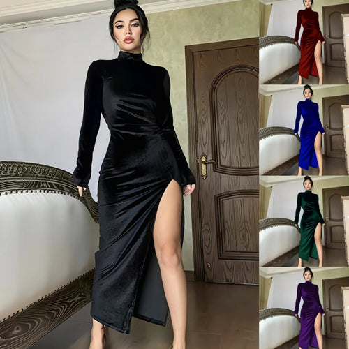 Women Elegant Velvet Maxi Dress with High Split and Standing Collar Lune London