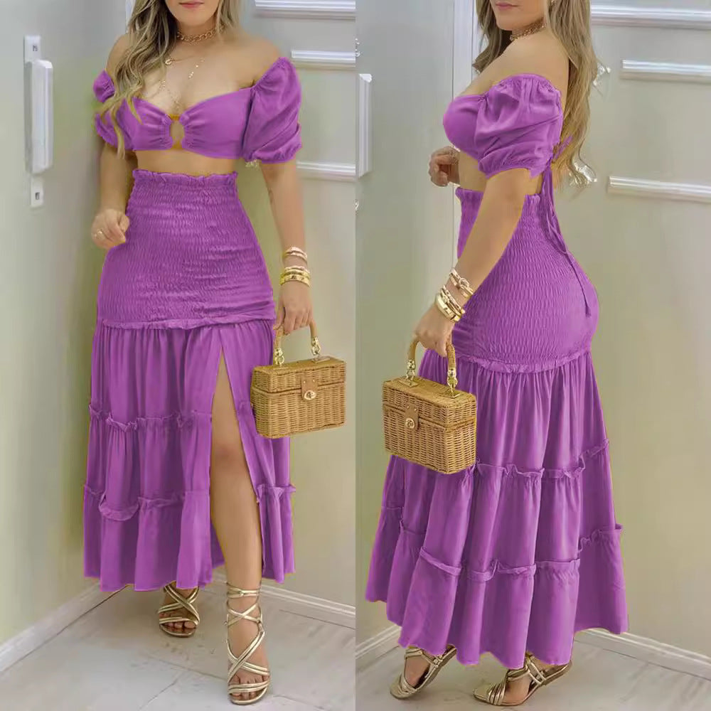 Ladies two-piece with gathered details and a high slit Lune London