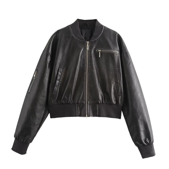 Women's leather bomber jacket with innovative zipper detail Lune London