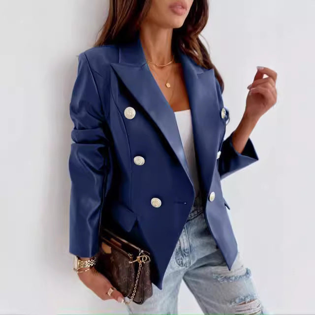 Elegant faux leather blazer for women with double row of buttons Lune London