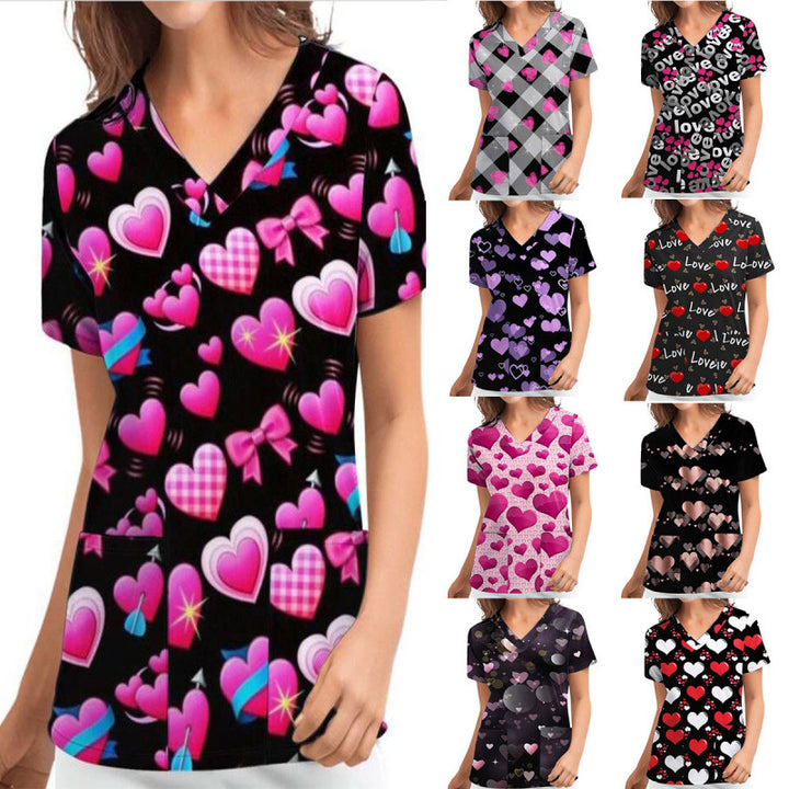 Women V Neck Heart Pattern Chic Medical Blouse and Style