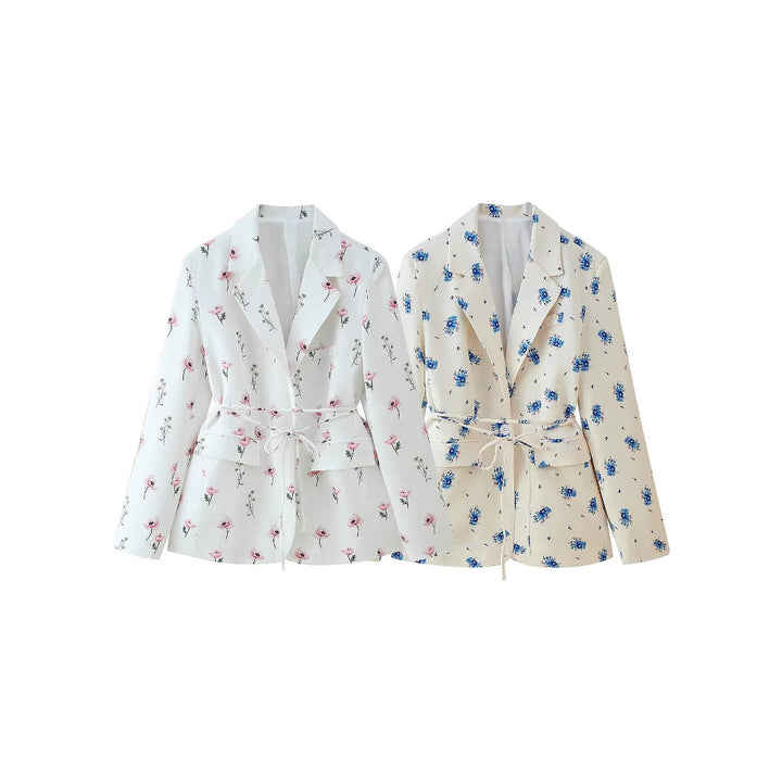 Women Fashion Blazer Jacket with Floral Design and Adjustable Tied Belt Lune London