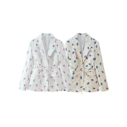 Women Fashion Blazer Jacket with Floral Design and Adjustable Tied Belt Lune London