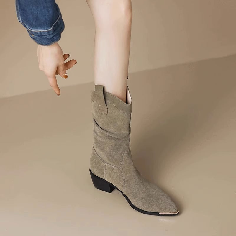 Lune London | Boots - Suede look - Thigh high - Pointed metal cap - Block heel
