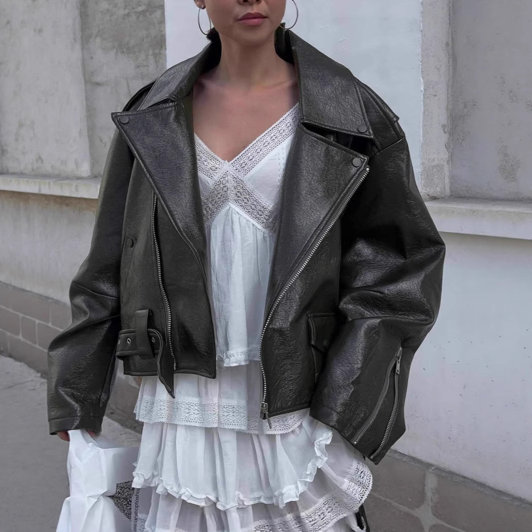 Oversized faux leather jacket for women with asymmetrical zipper Lune London