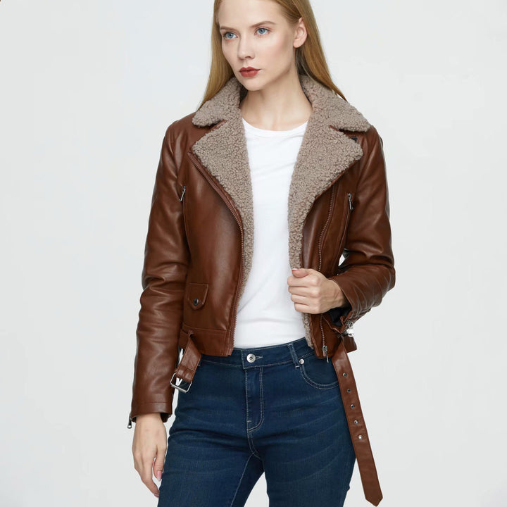 Stylish sheepskin biker jacket for ladies with double zip closure and adjustable belt Lune London