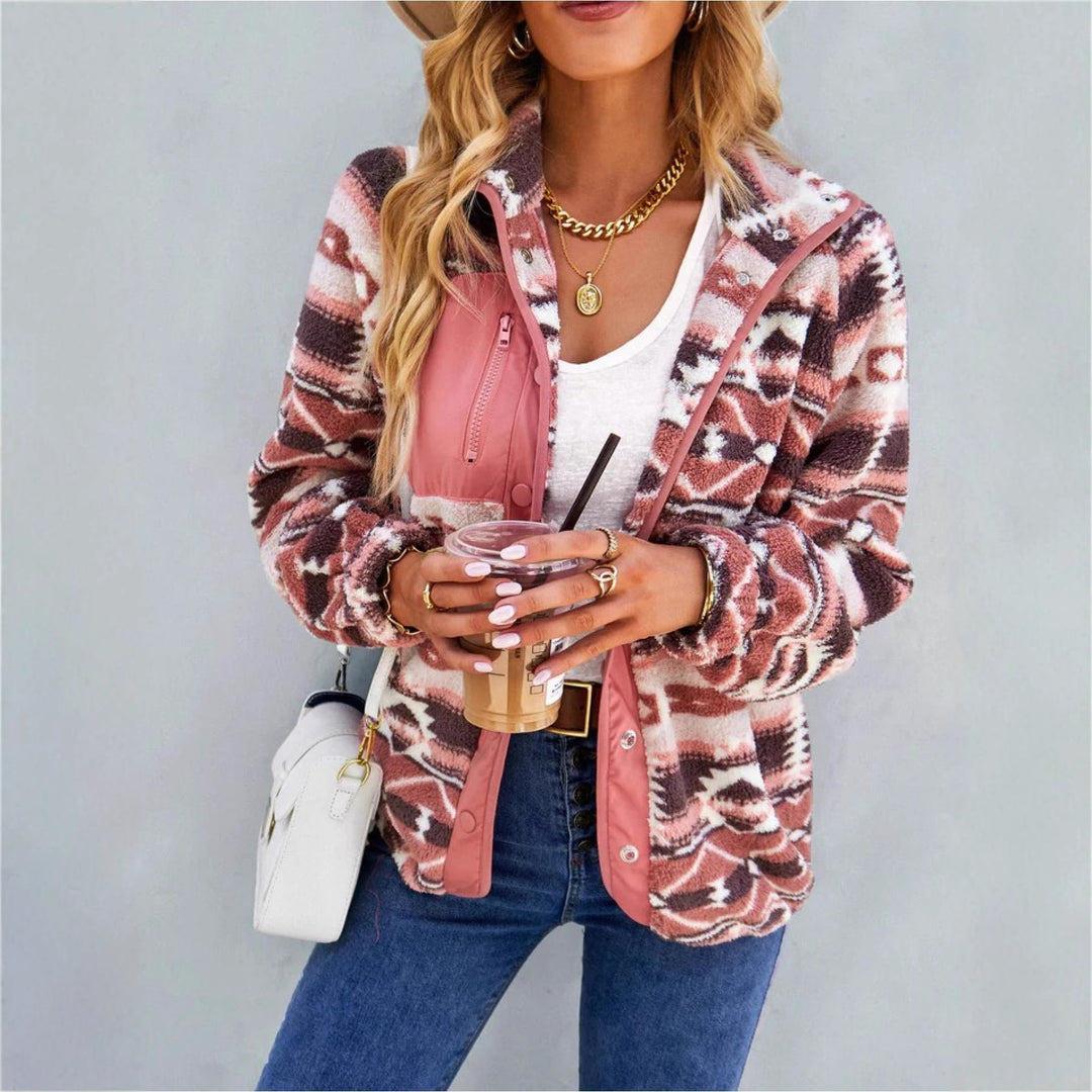 Ladies Plush Printed Jacket with High Collar and Snap Closure Lune London