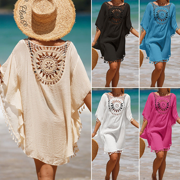 Women's beach tunic with artistic crochet design and fringed hems Lune London