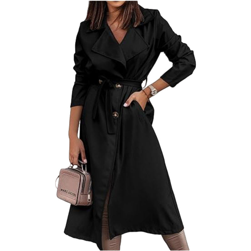 Elegant trench coat for women with a belt at the waist and large pockets Lune London