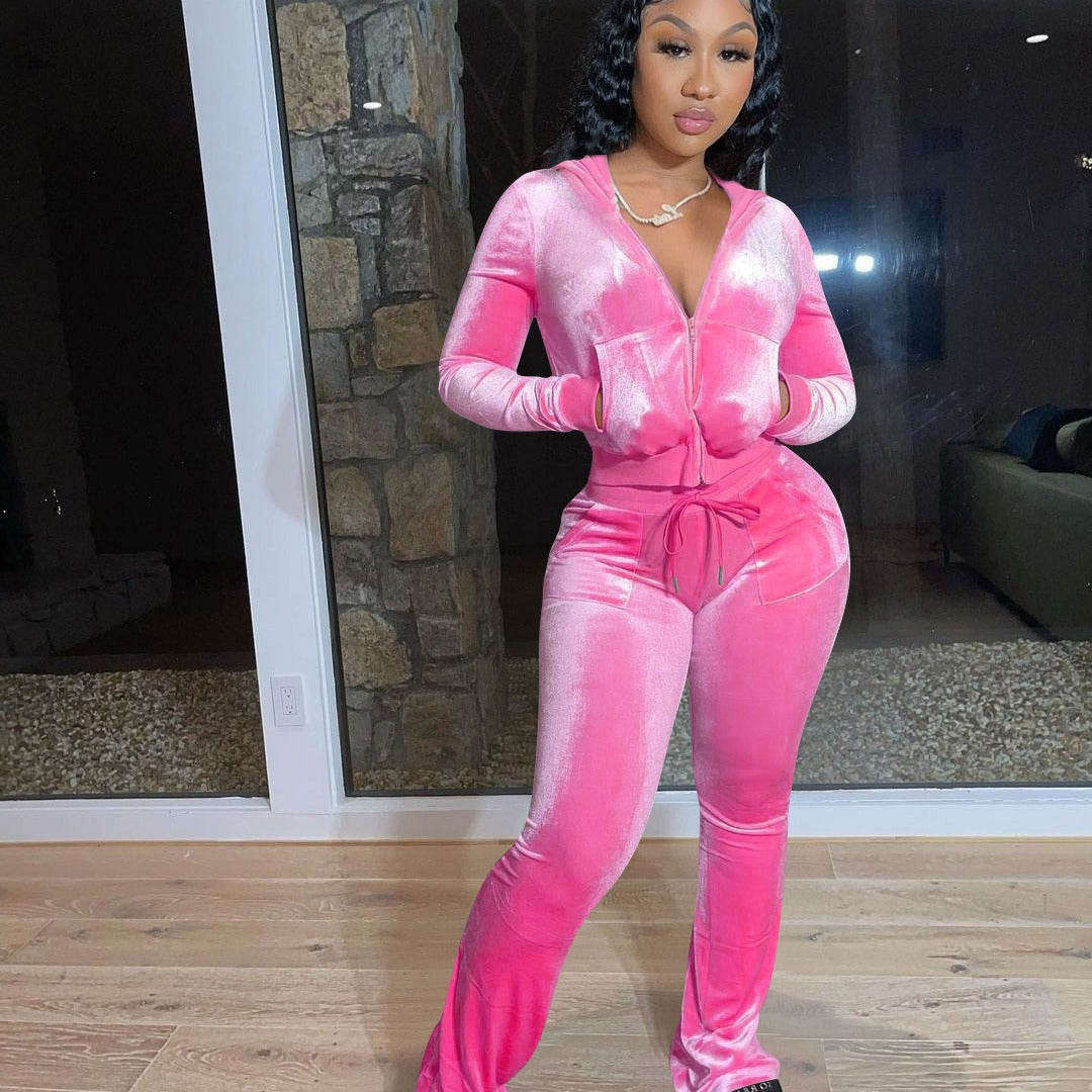 Ladies Sporty Velvet Jumpsuit with Hood and Chic Pockets