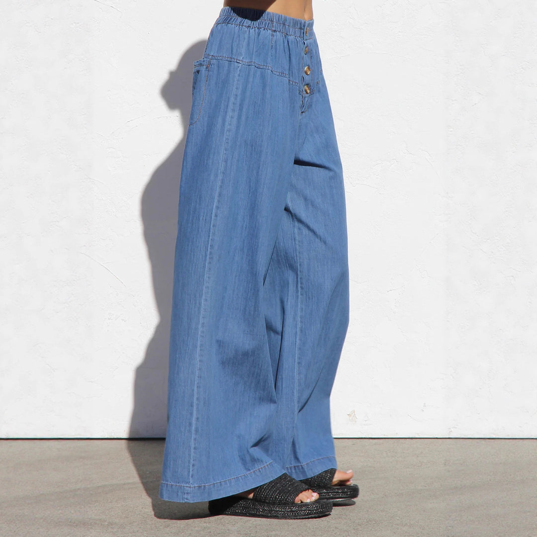 Ladies wide denim hotpants with elastic waistband and button details Lune London