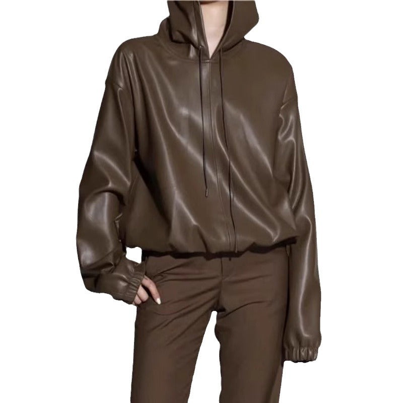 Veste en cuir synthétique décontractée pour femmes avec capuche Chic & Stil