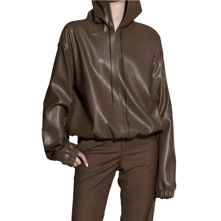 Veste en cuir synthétique décontractée pour femmes avec capuche Chic & Stil