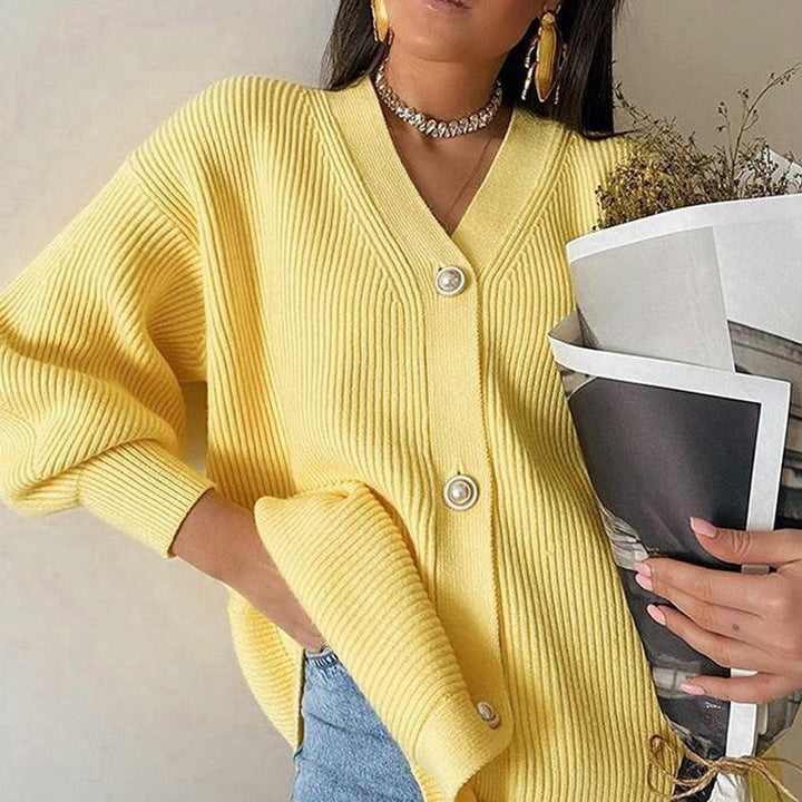 Chunky knit cardigan for women with elegant pearl buttons Lune London
