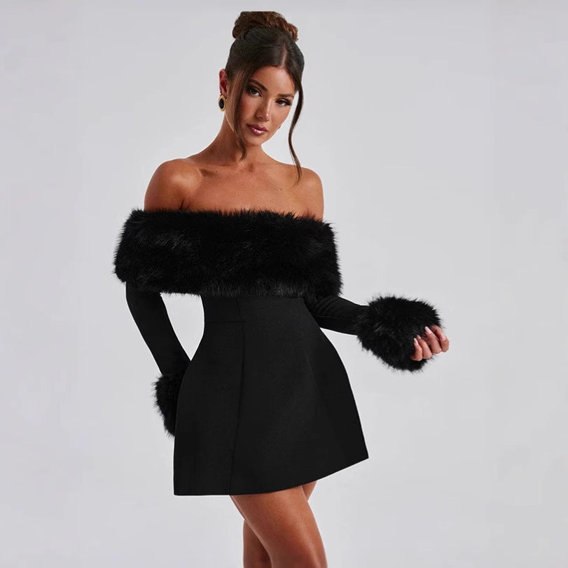 Off-the-shoulder cocktail dress for women with elegant felt borders Lune London