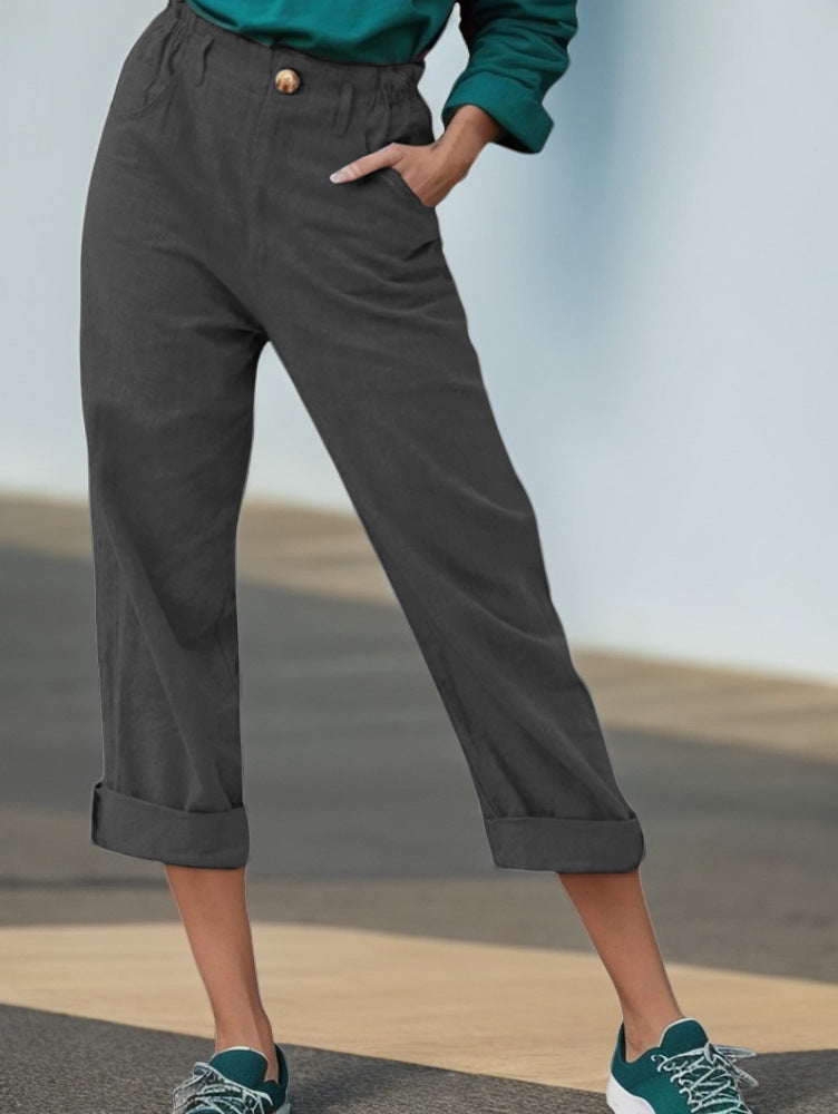 Elegant linen pants for women with wide legs and turned-up hem Lune London