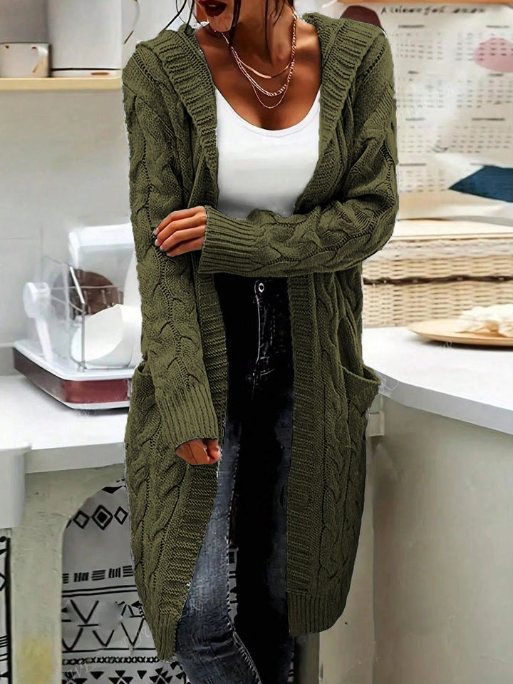 Ladies chunky knit cardigan with side pockets and structured cable design Lune London