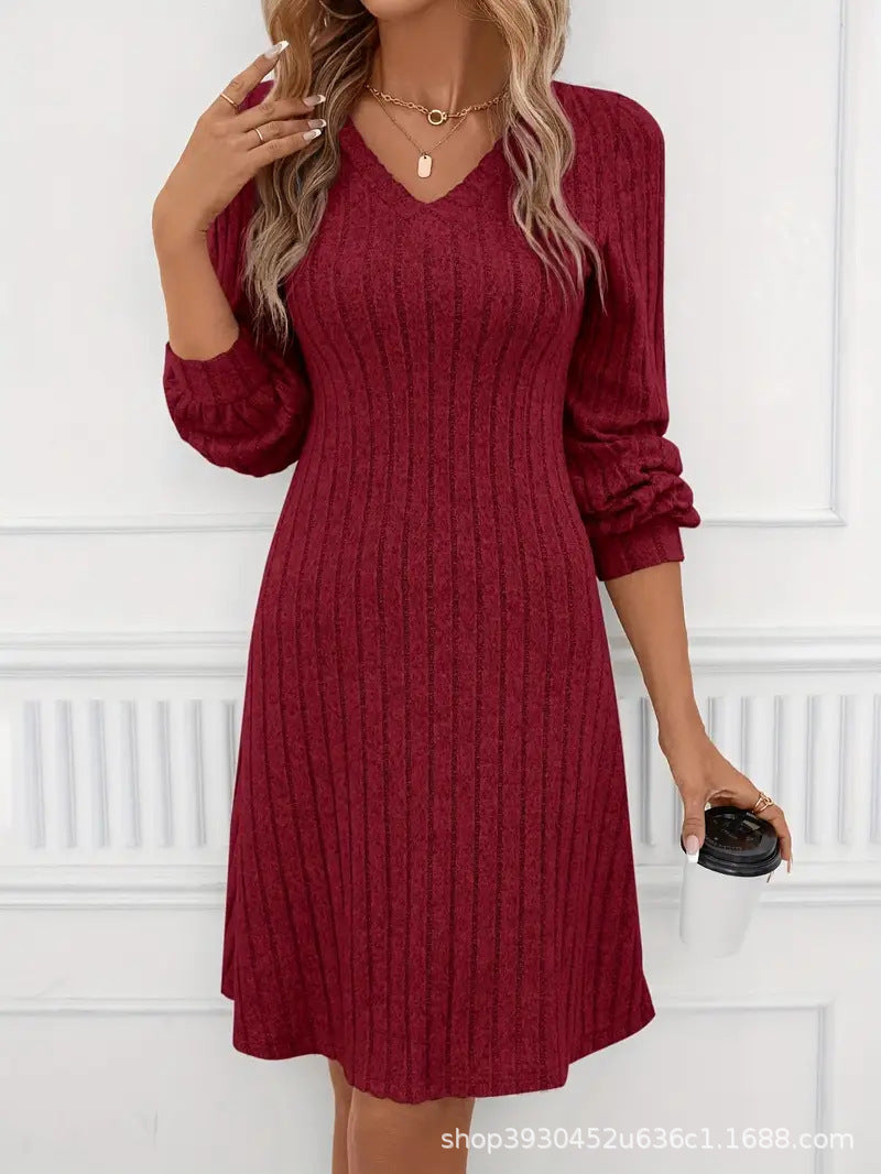 Women's Knitted Dress with V-Neck and Puff Sleeves Lune London