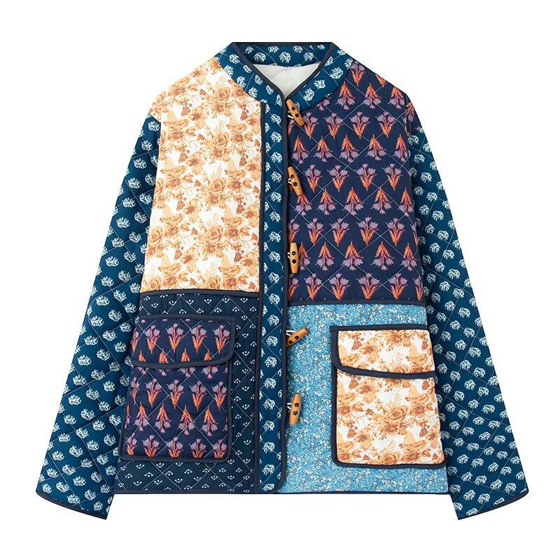 Ladies patchwork quilted jacket with elaborate patterns and practical pockets Lune London