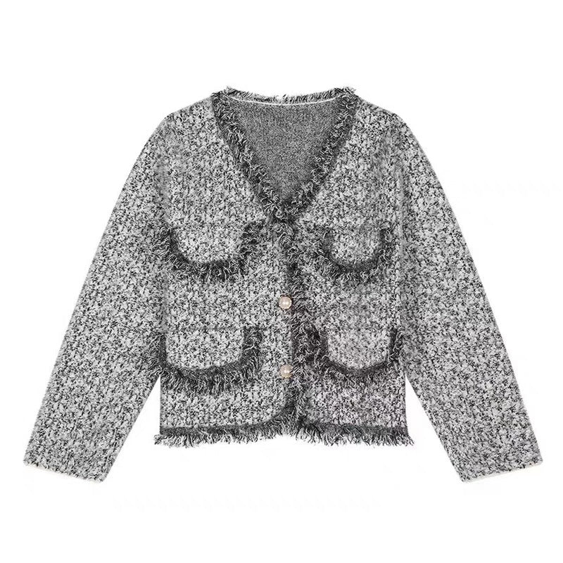 Women's knit jacket with fringe details and knee-height pockets Lune London