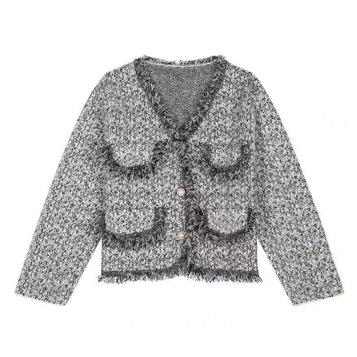 Women's knit jacket with fringe details and knee-height pockets Lune London