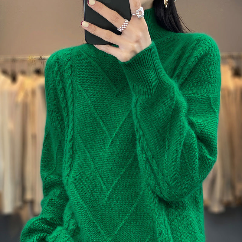 Women's thick knit sweater with an innovative cable pattern and a high collar Lune London