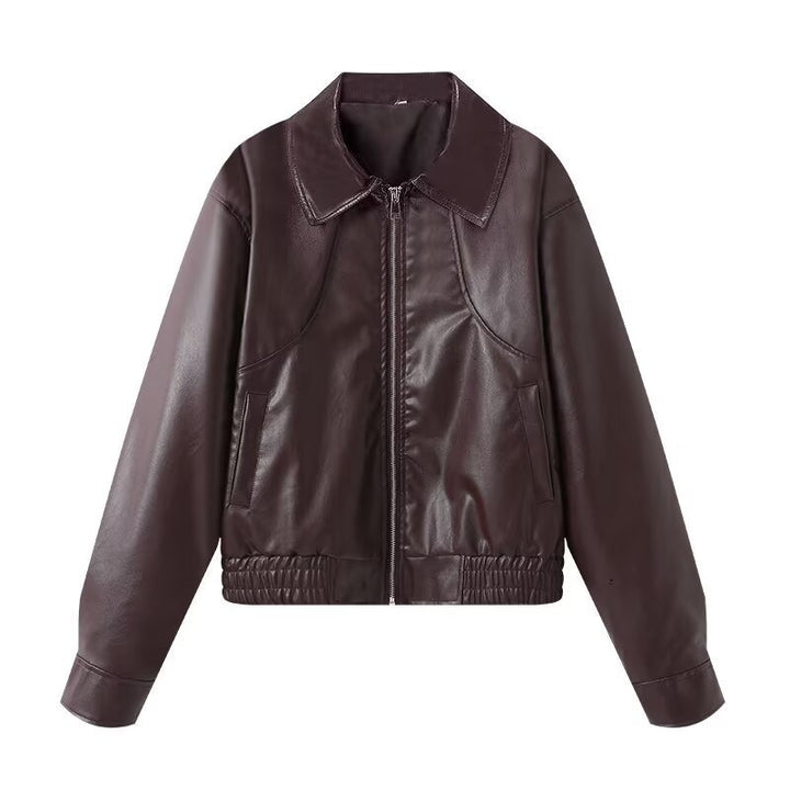 Biker jacket in faux leather for women with elastic waist and simple pockets Lune London