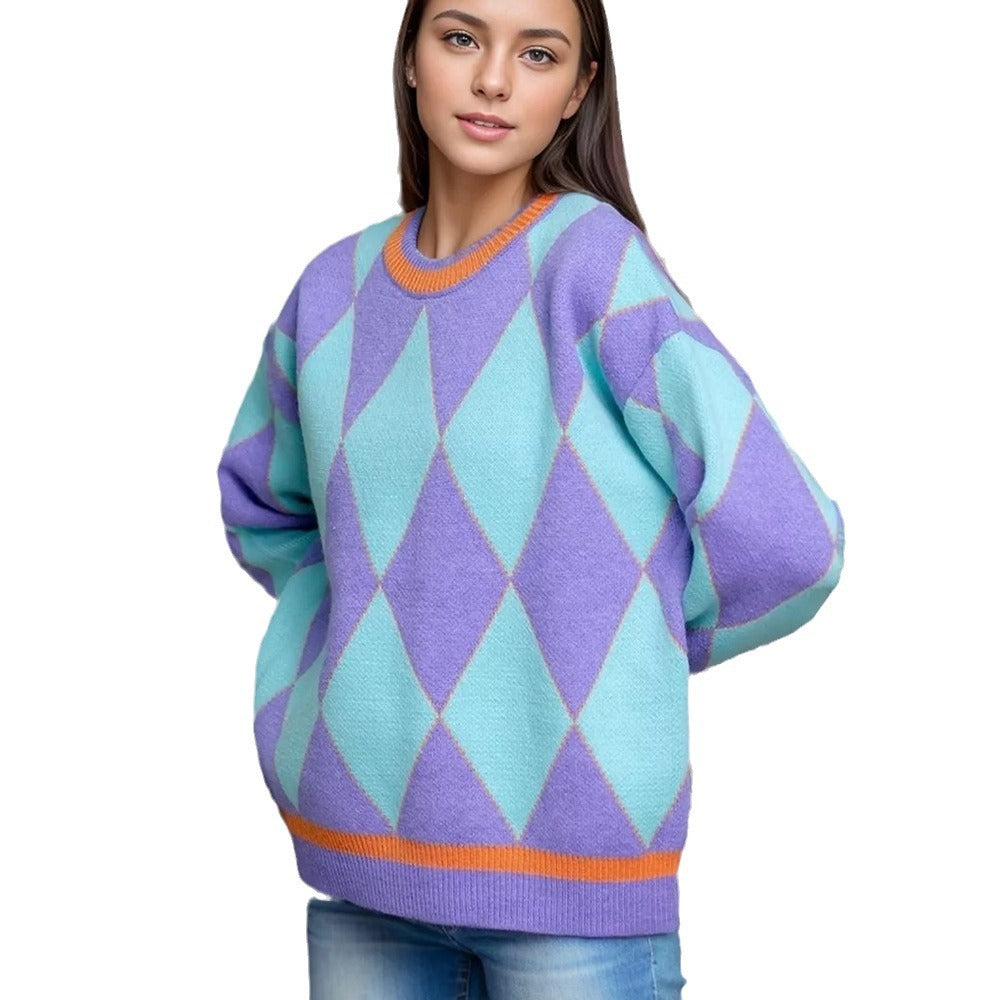 Pull en maille épaisse pour femmes avec motif en forme de diamant et accents de couleur vifs Chic & Stil
