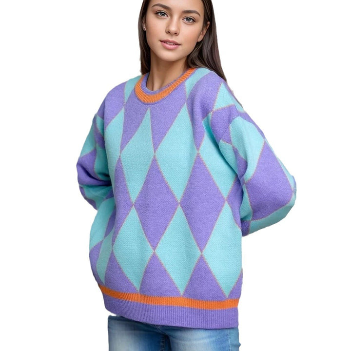Pull en maille épaisse pour femmes avec motif en forme de diamant et accents de couleur vifs Chic & Stil