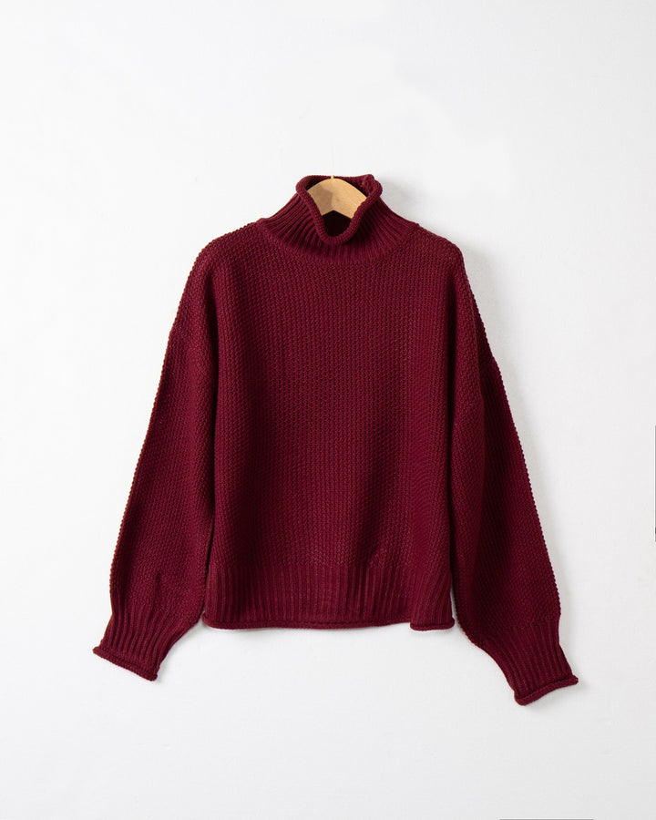 Chunky knit sweater for women with high collar and dropped shoulders Lune London