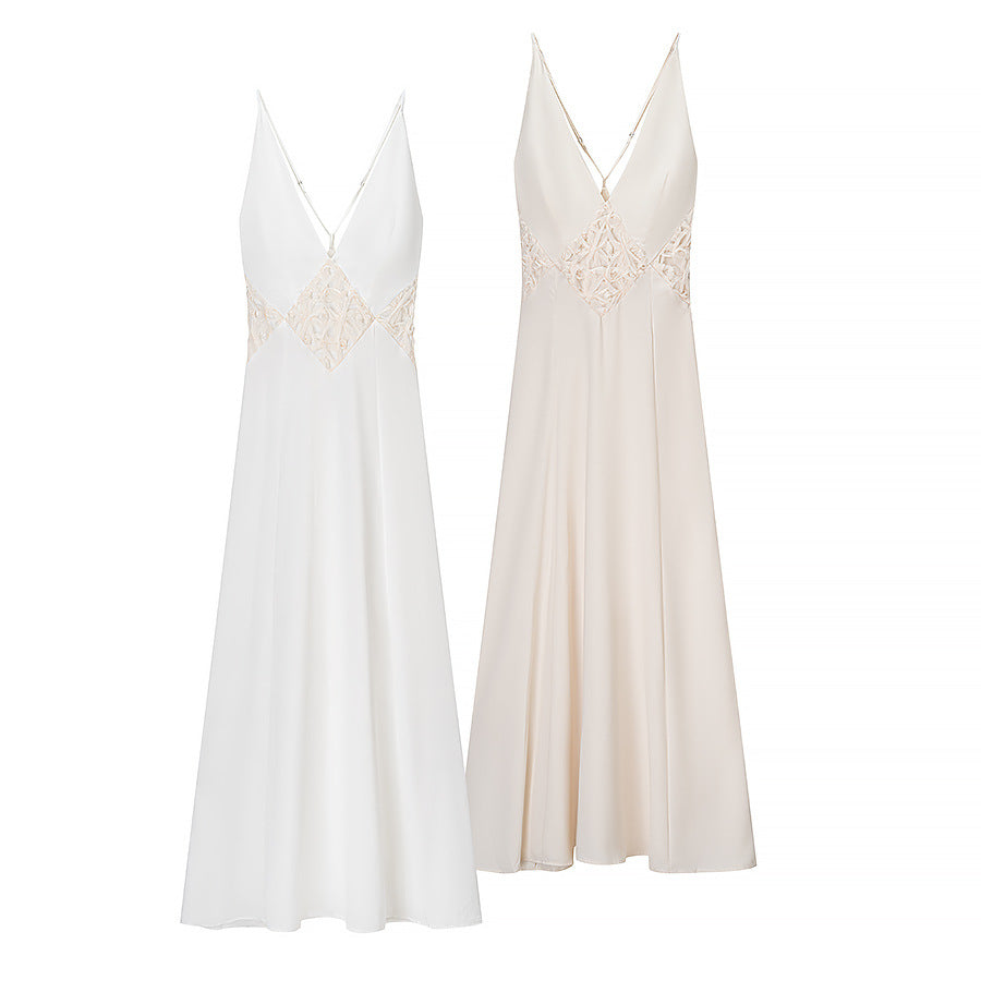 Women’s long sleeve maxi dress with a refined V-neckline and artistic lace ornament Lune London
