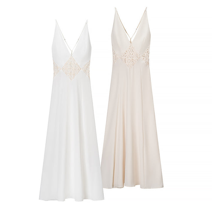 Women’s long sleeve maxi dress with a refined V-neckline and artistic lace ornament Lune London