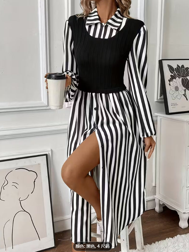 Robe rayée pour femmes avec haut ajusté et patte de boutonnage Chic & Stil