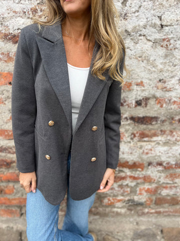 Ladies Elegant Double-Breasted Blazer with Textured Fabric and Gold Buttons Lune London
