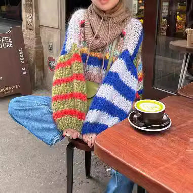 Women's Cozy Knit Sweater with Flared Sleeves and Colorful Stripe Pattern Lune London