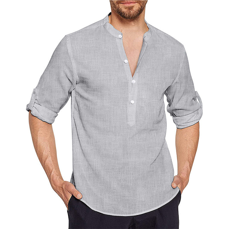 Men's linen shirt with modern high collar and classic button placket Lune London