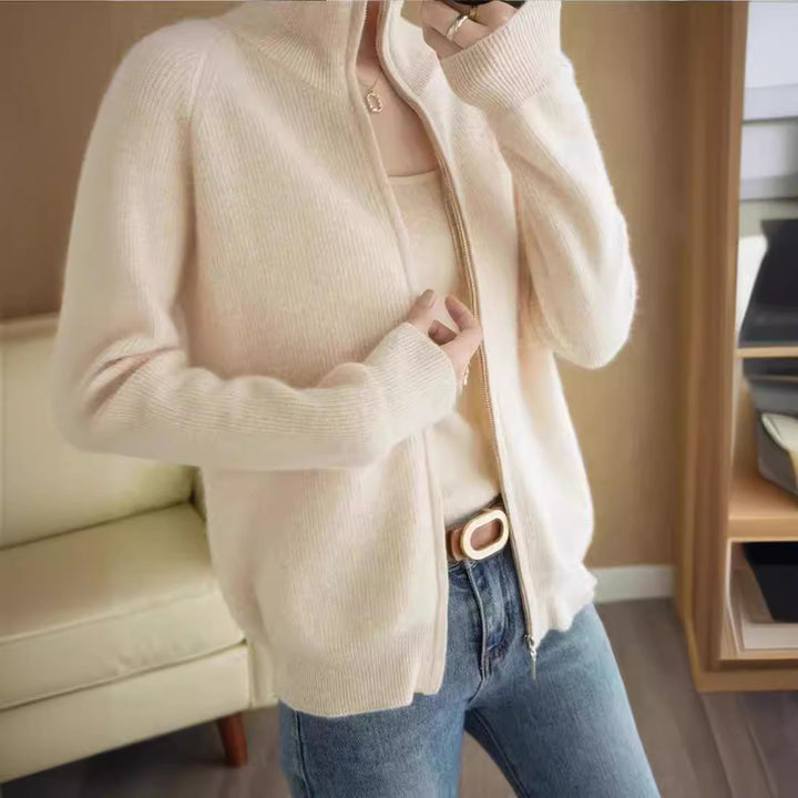 Knitted jacket for women with high collar and full zip Lune London