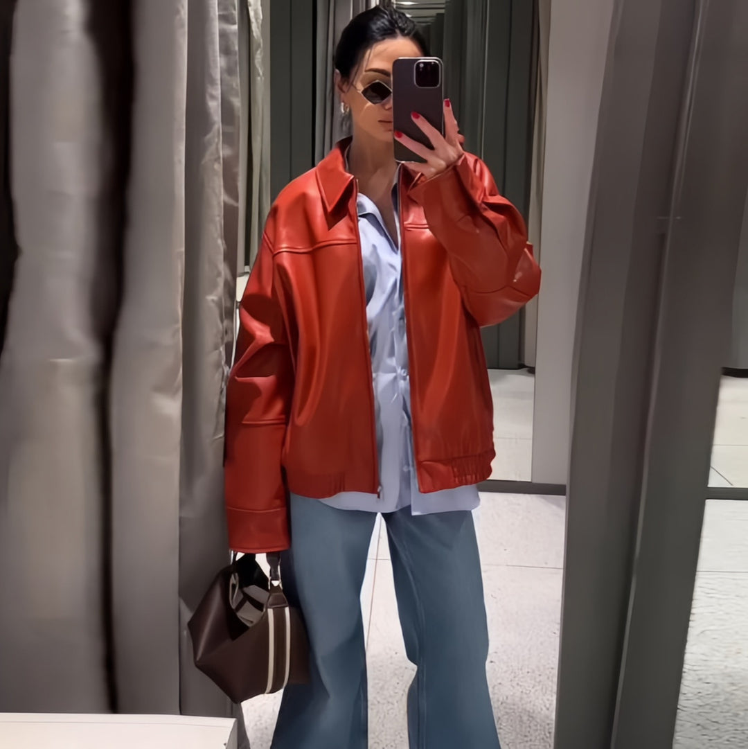 Oversized synthetic leather jacket for women with casual fit Lune London