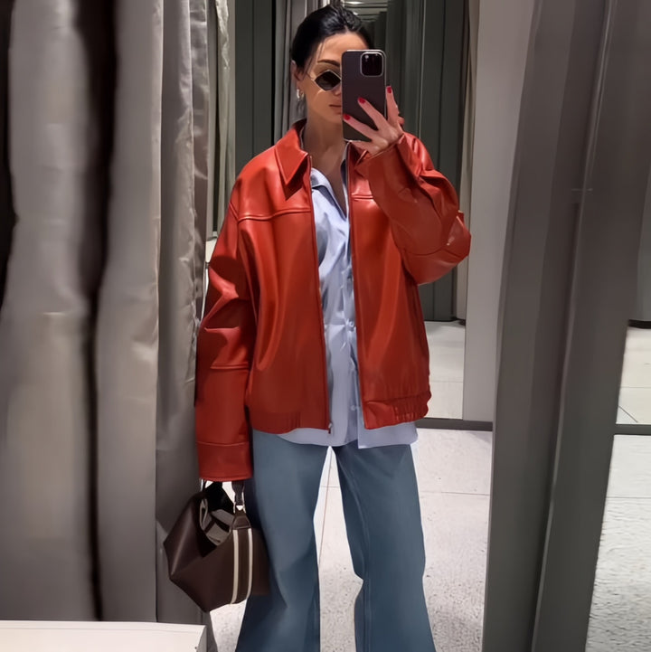 Oversized synthetic leather jacket for women with casual fit Lune London