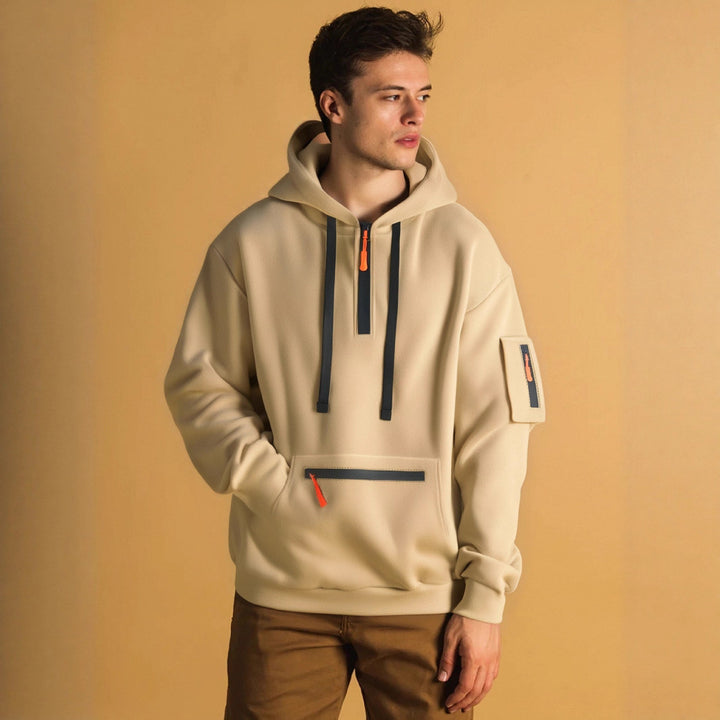 Trendy men's hoodie with innovative zipper elements Lune London
