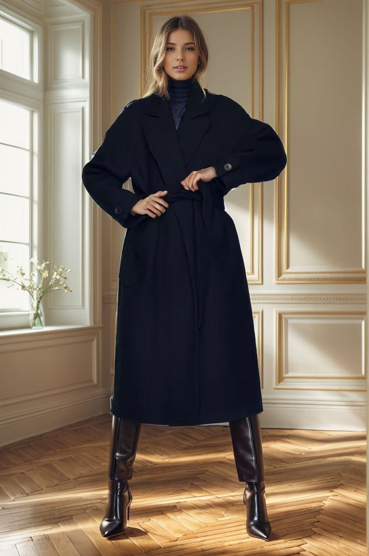 Elegant long coat for women with wide lapels and belt Lune London