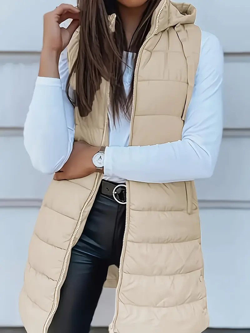 Ladies stylish quilted vest with hood and long cut Lune London